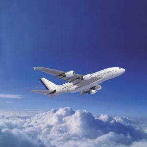 Airbus A380 in a cloudy sky in square format